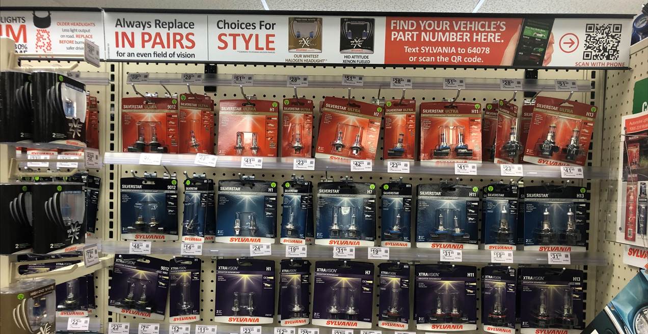 Sylvania headlight display with QR code to find your vehicle part number